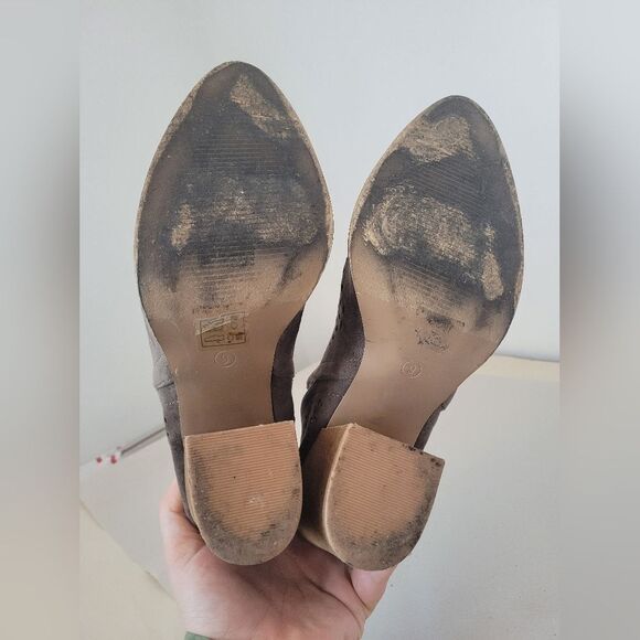 Beast Fashion Perforated Ankle Booties Brown Slip On Heels Chunky Boho Casual 9 - Picture 7 of 9